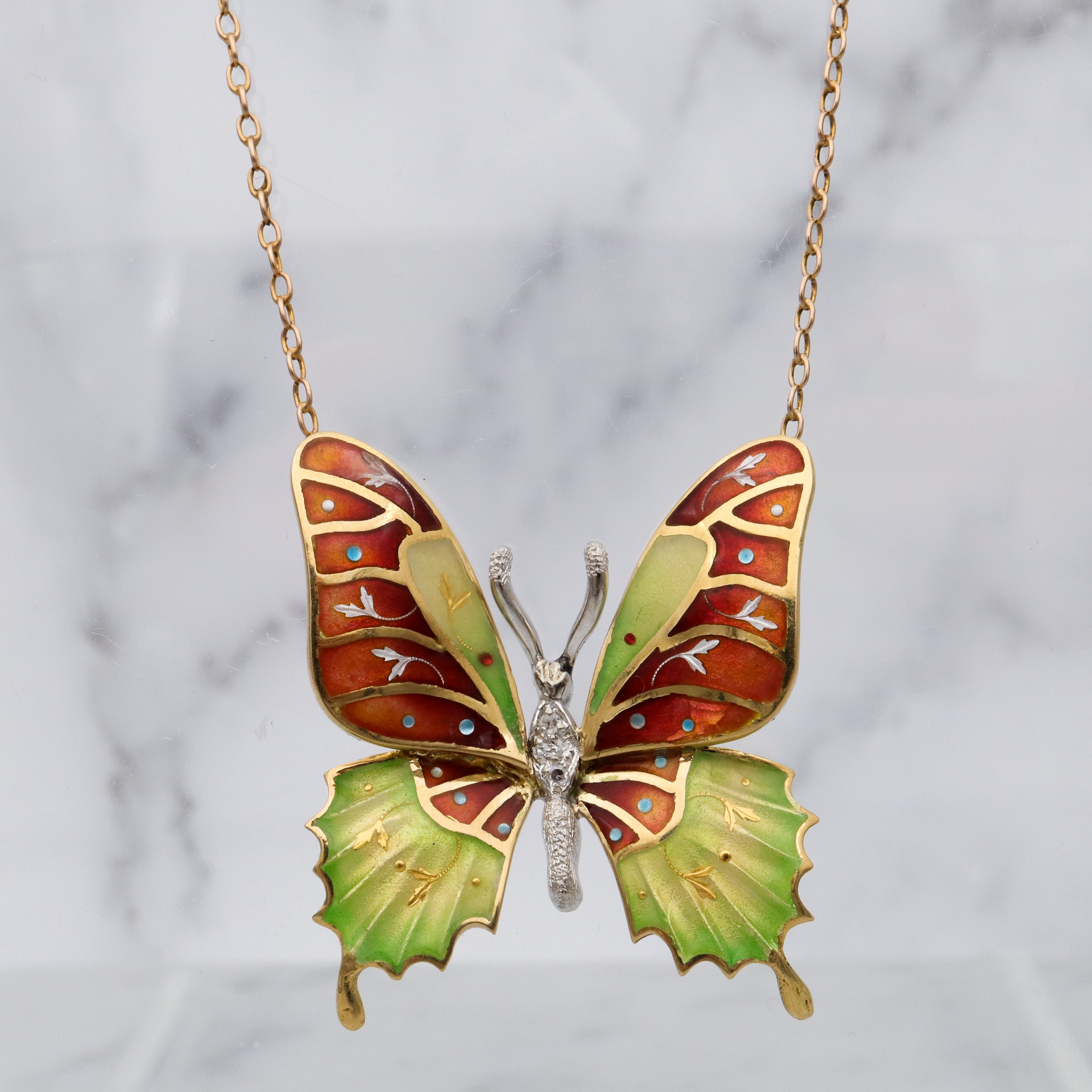 Antique 14k gold enamel & diamond butterfly pendant necklace